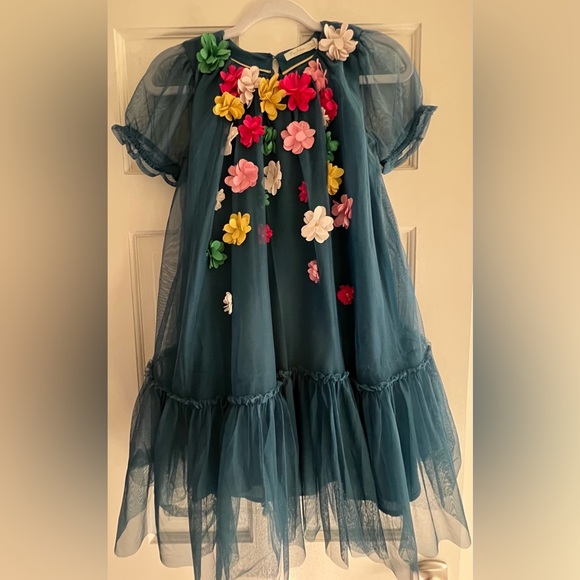 Mini Boden Blue Kids Formal Dress with Floral Accents